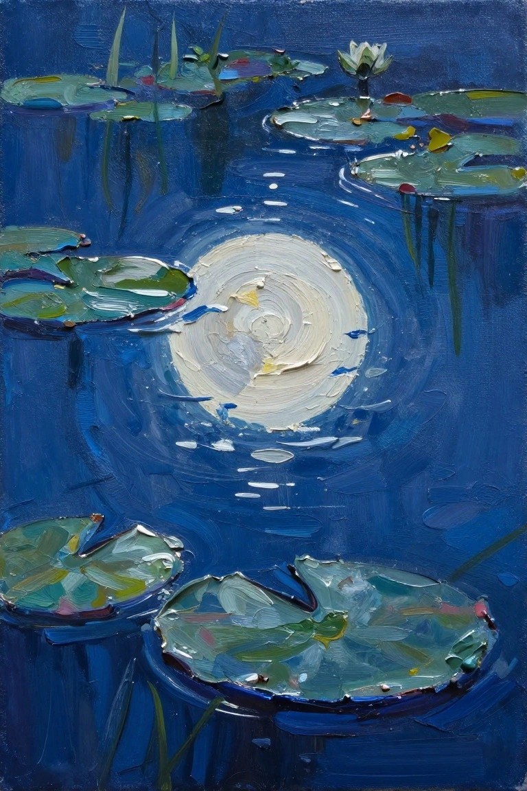Impressionistic painting of swirling moon reflection amid green lily pads on blue water
