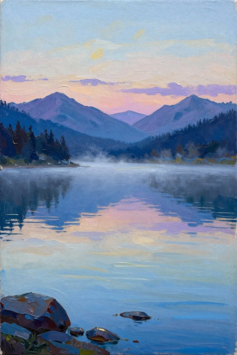 Misty mountain lake reflecting pink-purple sunrise sky with rocky foreground rocks