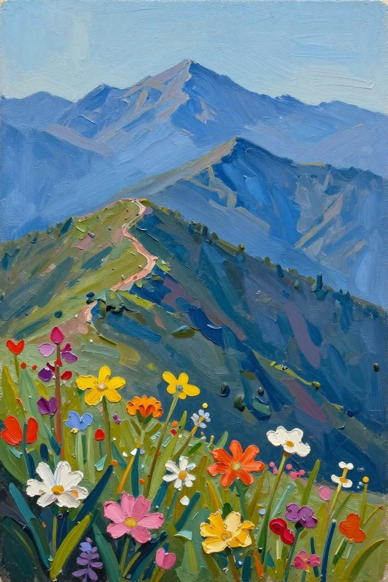 Vibrant wildflowers overlook a winding path amid blue mountain peaks in oil painting.