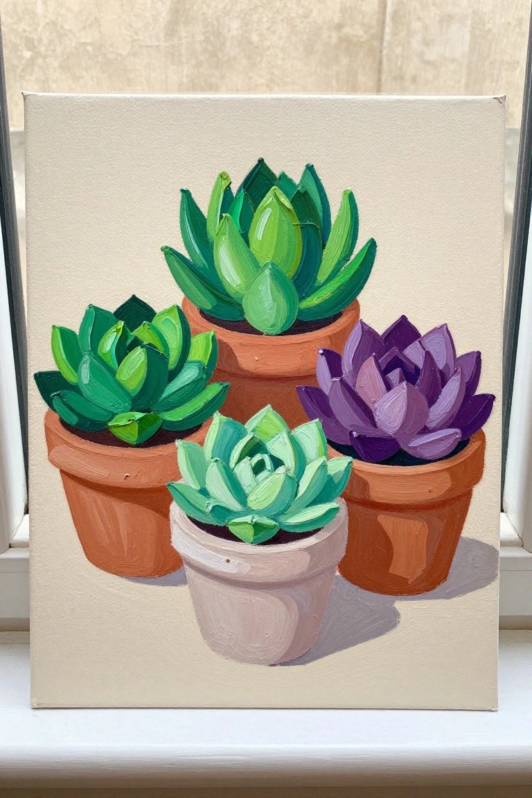 Painting of four green and purple succulents in terracotta pots on windowsill.