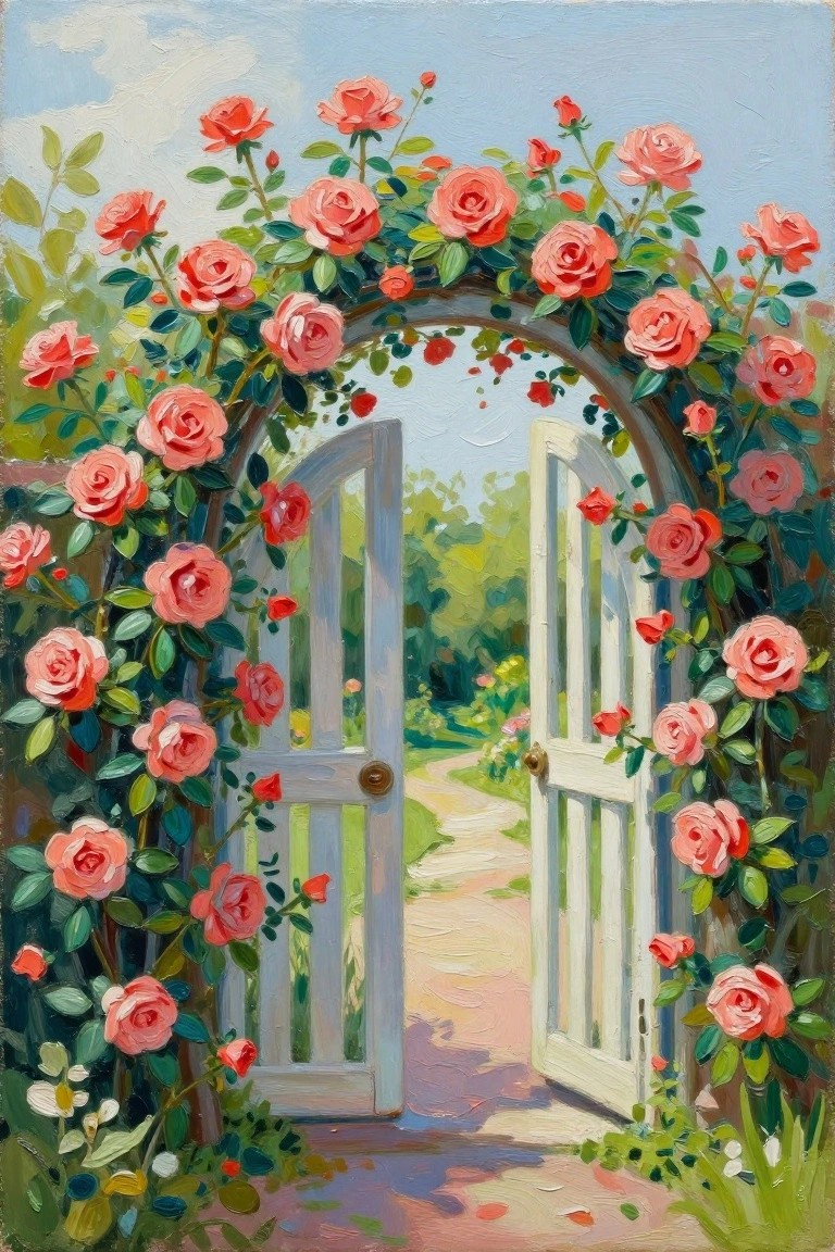 Open white gate under arch of blooming pink roses leading to garden path
