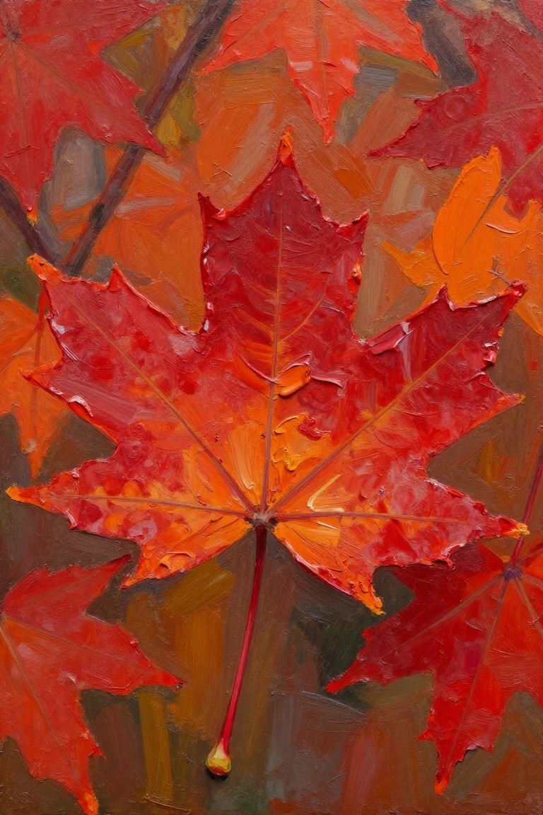 Thickly textured oil painting of vibrant red-orange maple leaves with visible brushstrokes