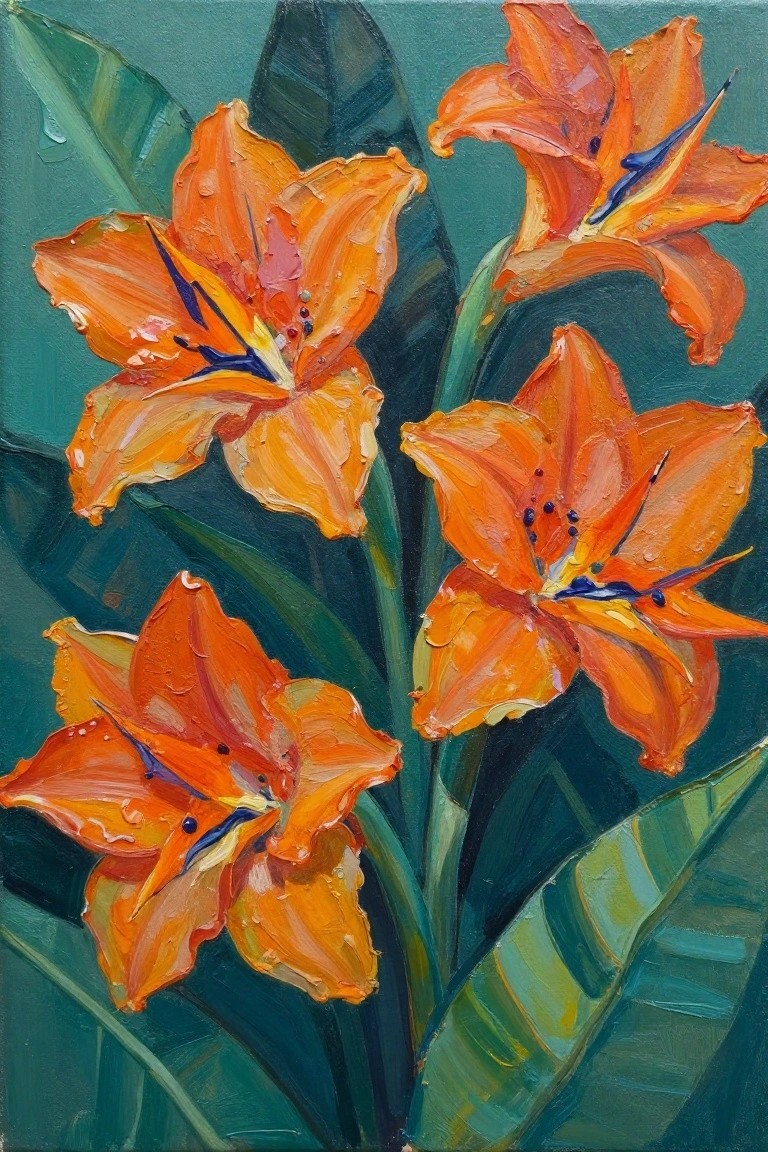 Vibrant orange lilies with dew drops on dark green leaves in oil painting