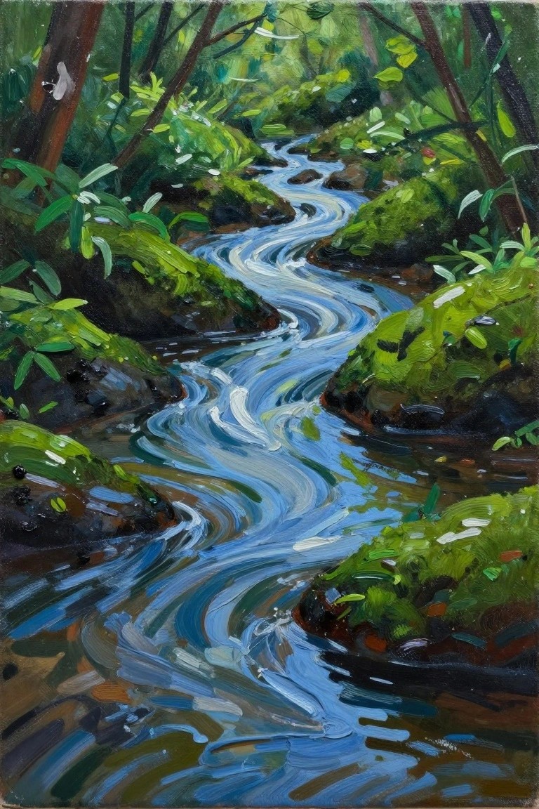 Winding blue stream flows through mossy green rocks in sunlit forest.