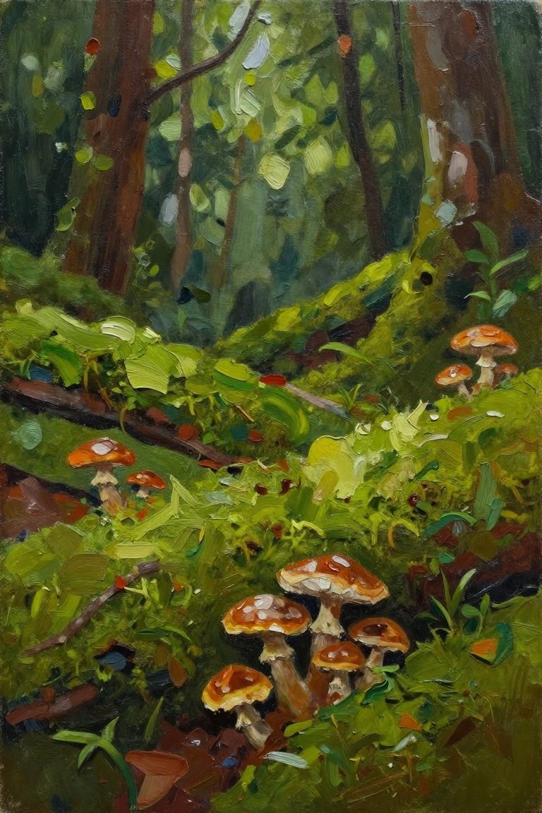 Vibrant oil painting of orange mushrooms amid lush green forest foliage and trees.