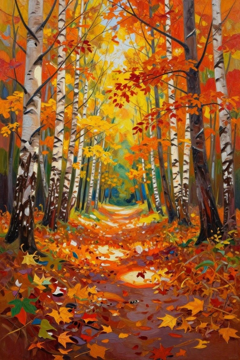 An oil painting of a winding path through a forest of white birch trees with bright orange and yellow autumn leaves on the ground and branches.