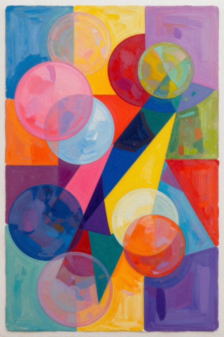 A vibrant abstract painting with overlapping circles and geometric shapes in bright blues, yellows, reds, purples, and greens.