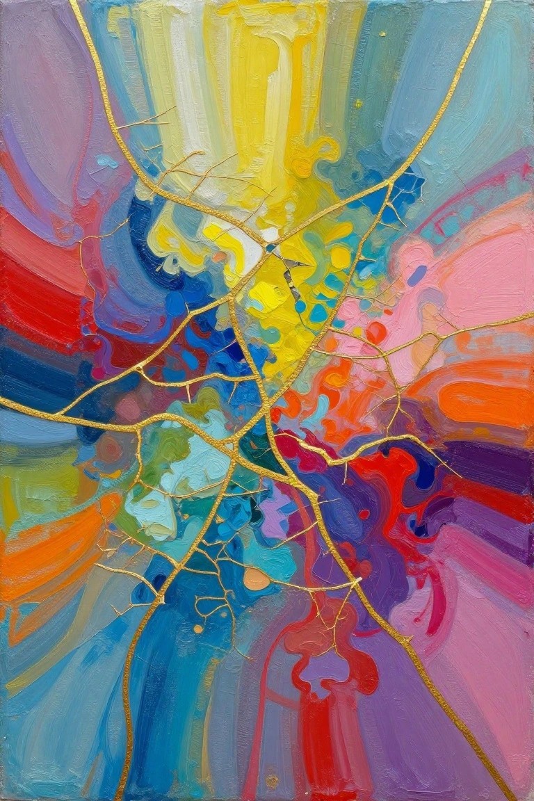 An abstract painting covered in swirling patches of blue, red, yellow, pink, orange, purple, and green with thin gold lines crossing through the colors.