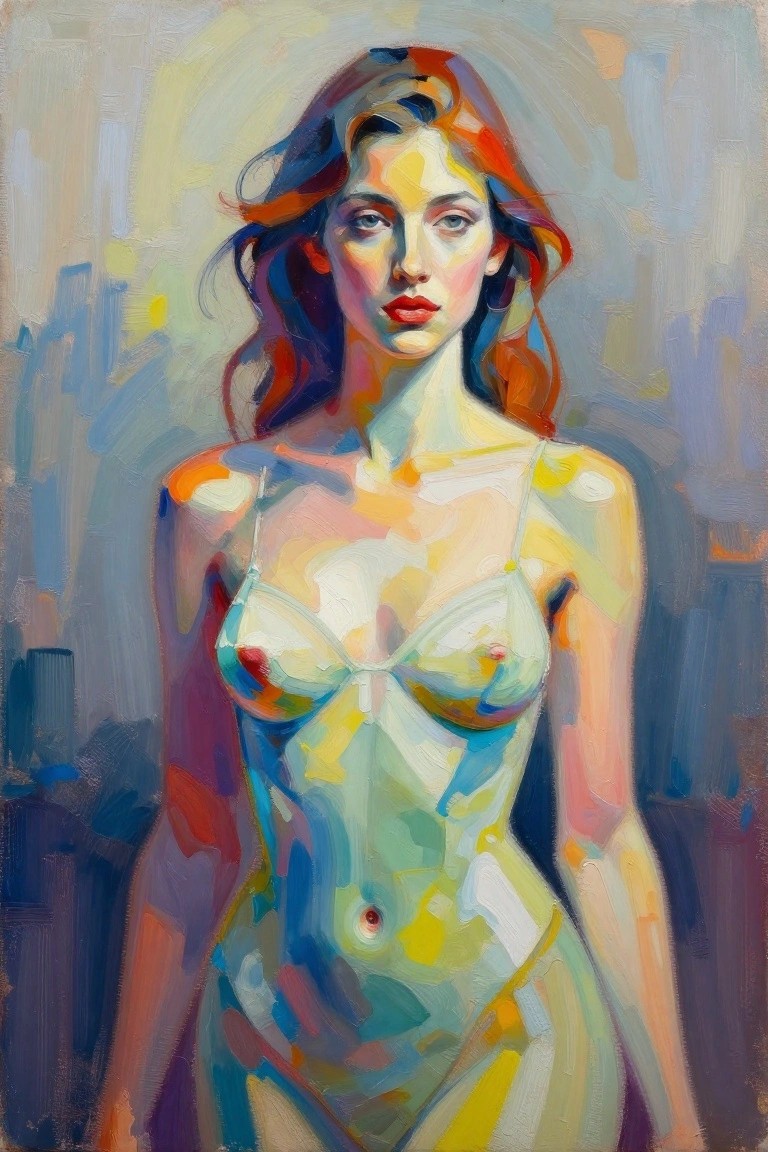 A colorful painting of a woman in a light camisole with bold brushstrokes in blue, yellow, orange, and green.