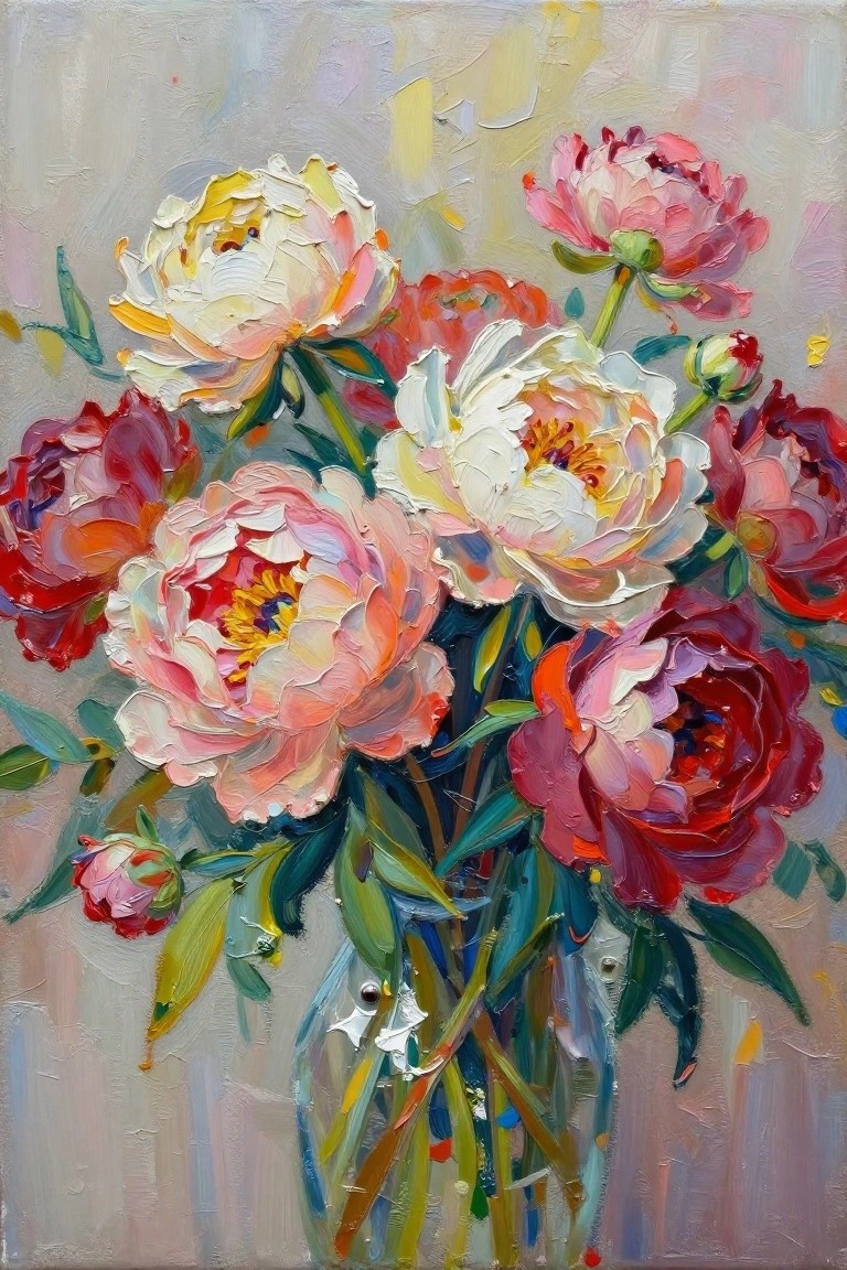 Oil painting of pink, red, and white peonies in a glass vase with thick brushstrokes