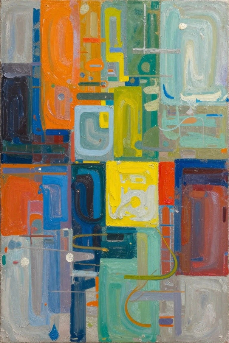 Abstract painting of vibrant overlapping geometric shapes, lines, and blocks in bright colors.