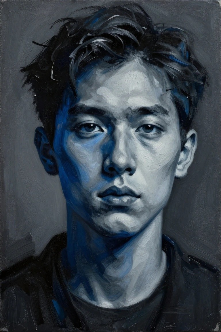 A realistic oil painting of a young man's face and shoulders against a plain gray background, using blue and white brushstrokes for highlights and dark tones for hair and clothing.