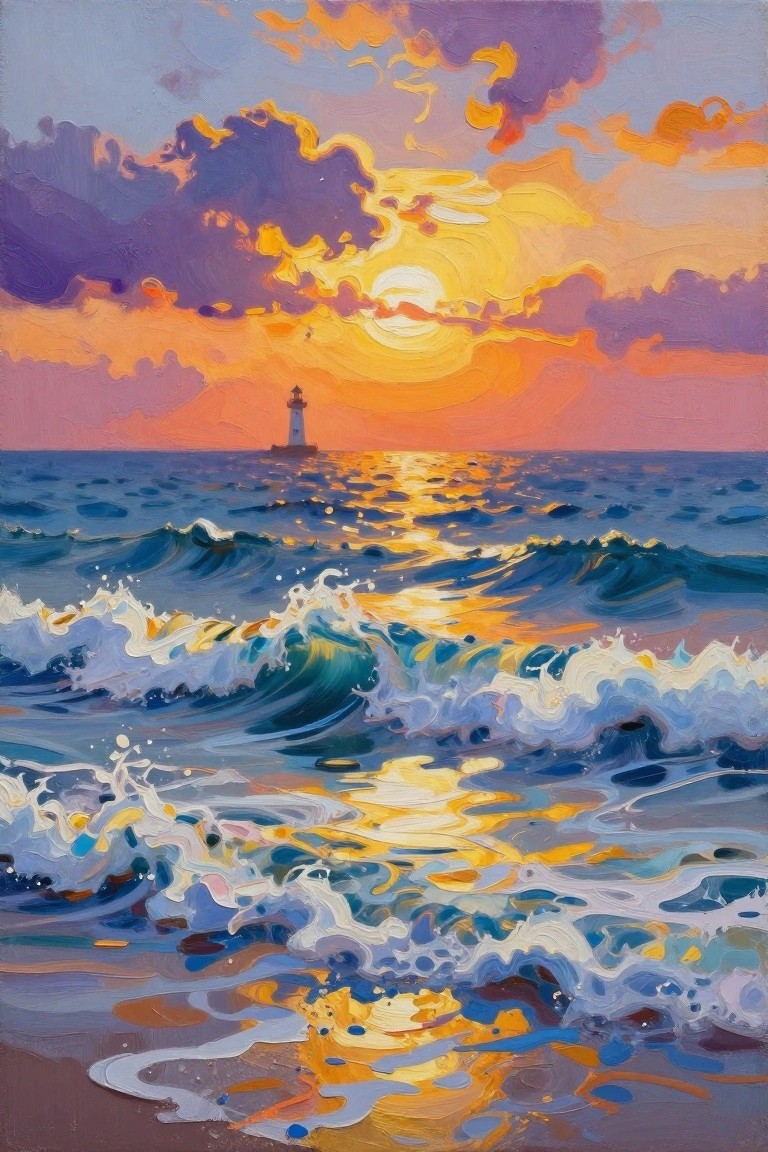 Vibrant sunset seascape with lighthouse, purple-orange clouds, and crashing waves reflecting golden light.