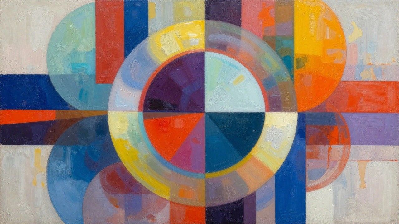 A vibrant abstract painting with overlapping circles and geometric shapes in bright blues, yellows, reds, purples, and greens.