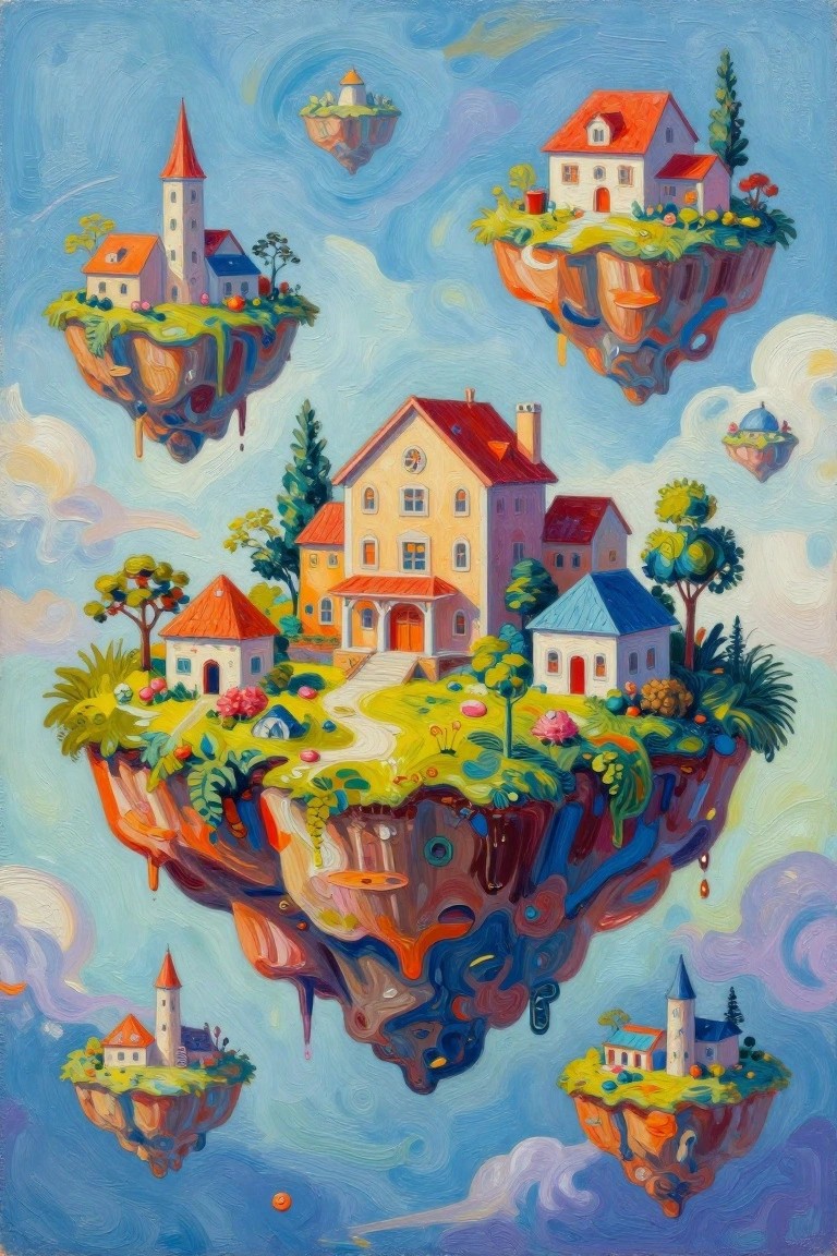 A painting of multiple floating islands with houses and trees against a blue sky.