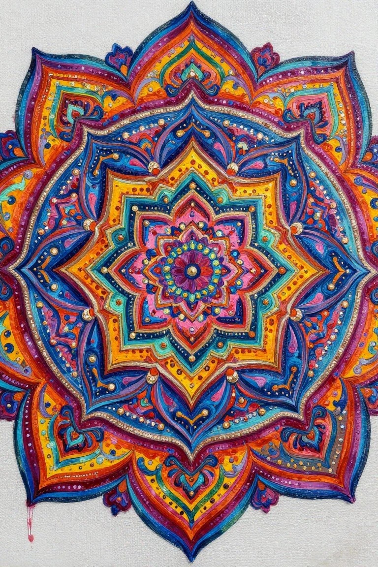 Vibrant intricate mandala with colorful symmetrical floral geometric patterns in rainbow hues