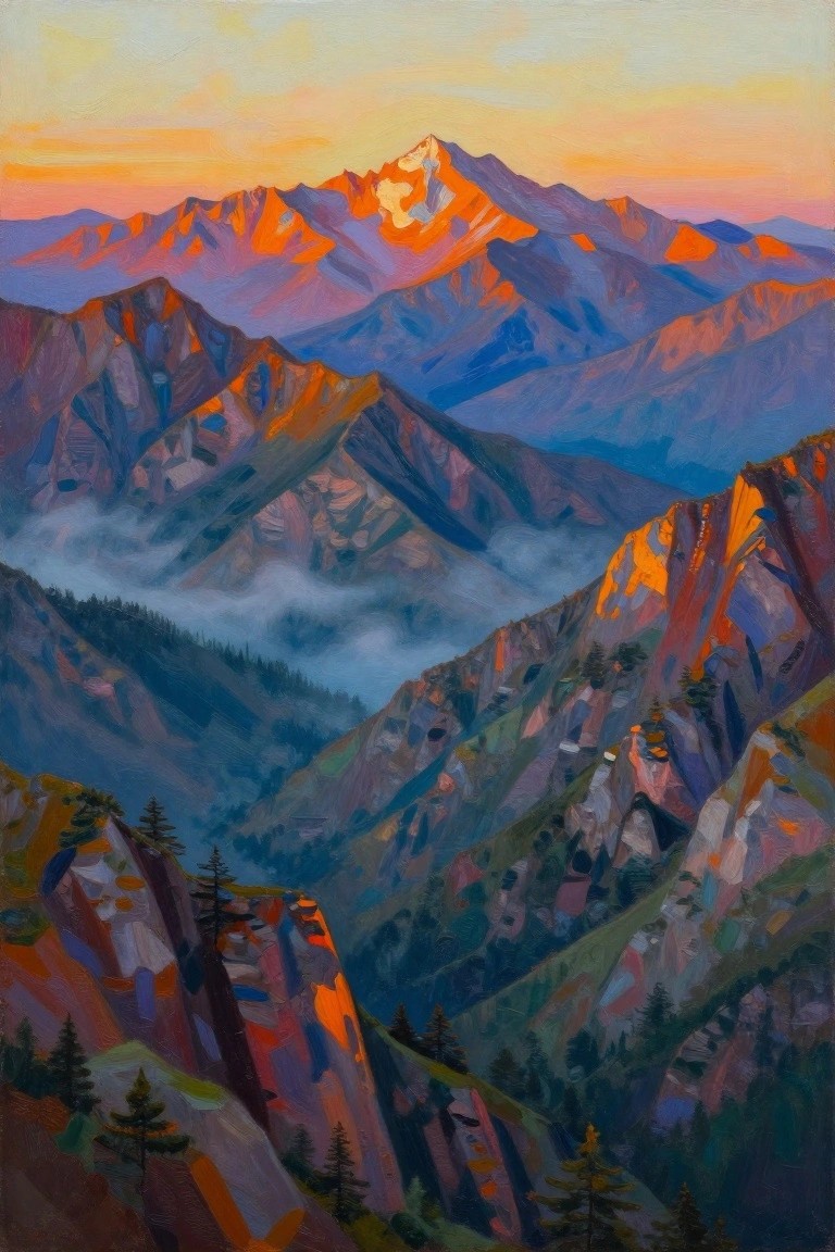 Vibrant painting of colorful layered mountains at sunset with glowing peaks and mist.