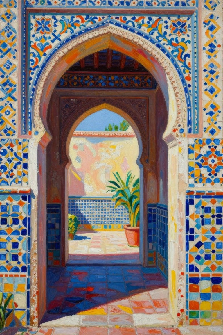 A painting of a colorful tiled archway opening onto a bright courtyard with a potted plant.