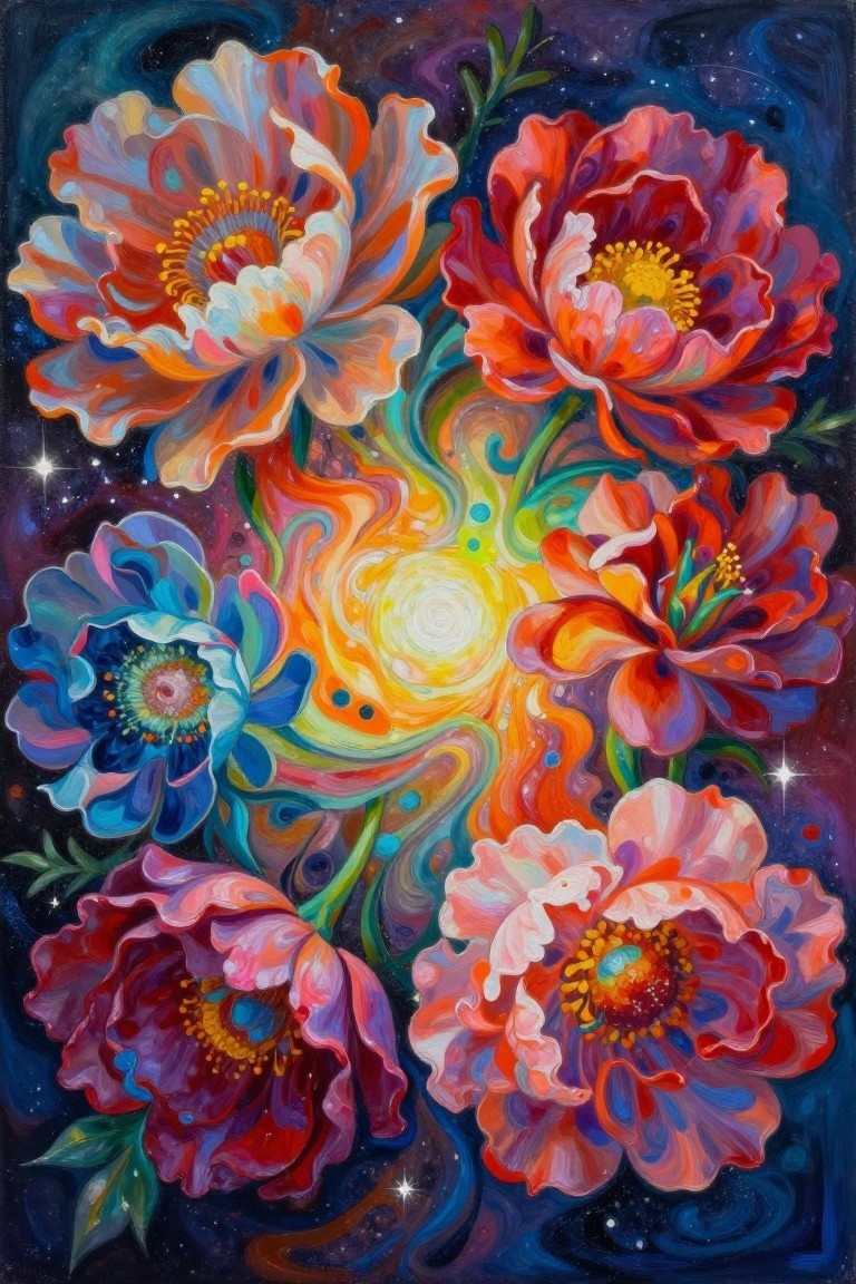 Vibrant cosmic flowers swirling around a glowing center in starry space