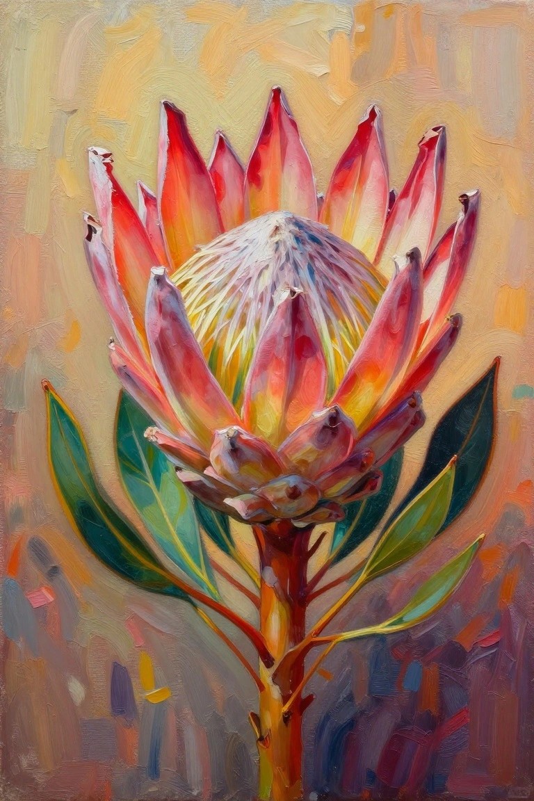 A painting of a large protea flower with red-orange petals, a fuzzy center, and green leaves against a warm abstract background.