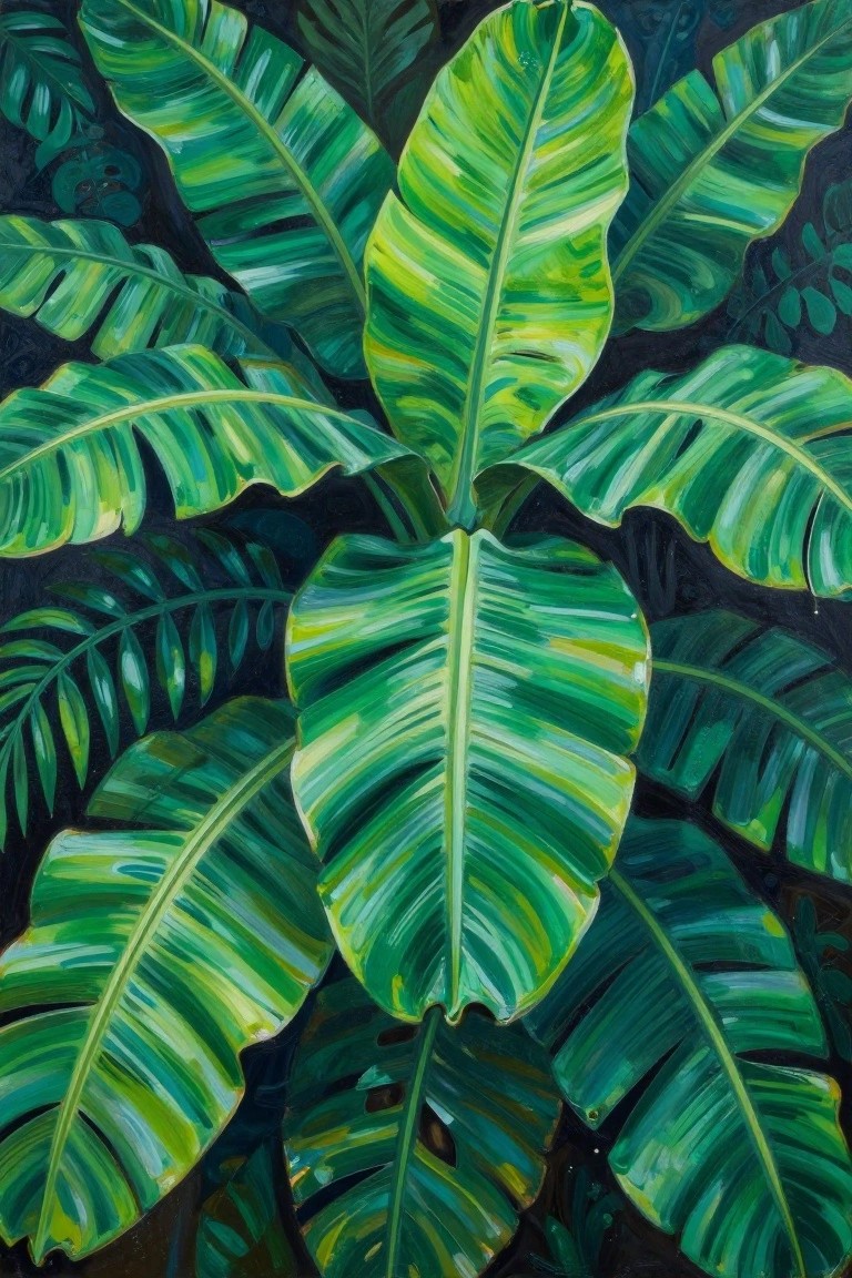 Large vibrant green banana leaves with yellow streaks on dark background painting