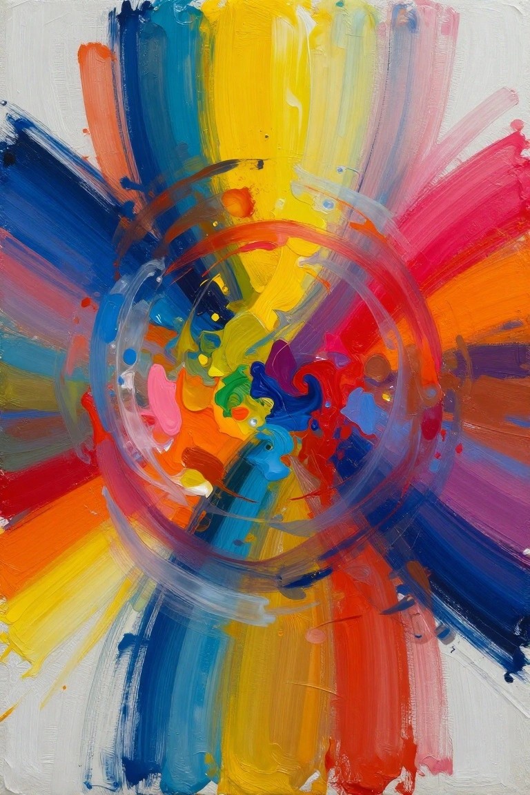 Vibrant abstract painting with colorful radial brushstrokes around a central translucent circle.