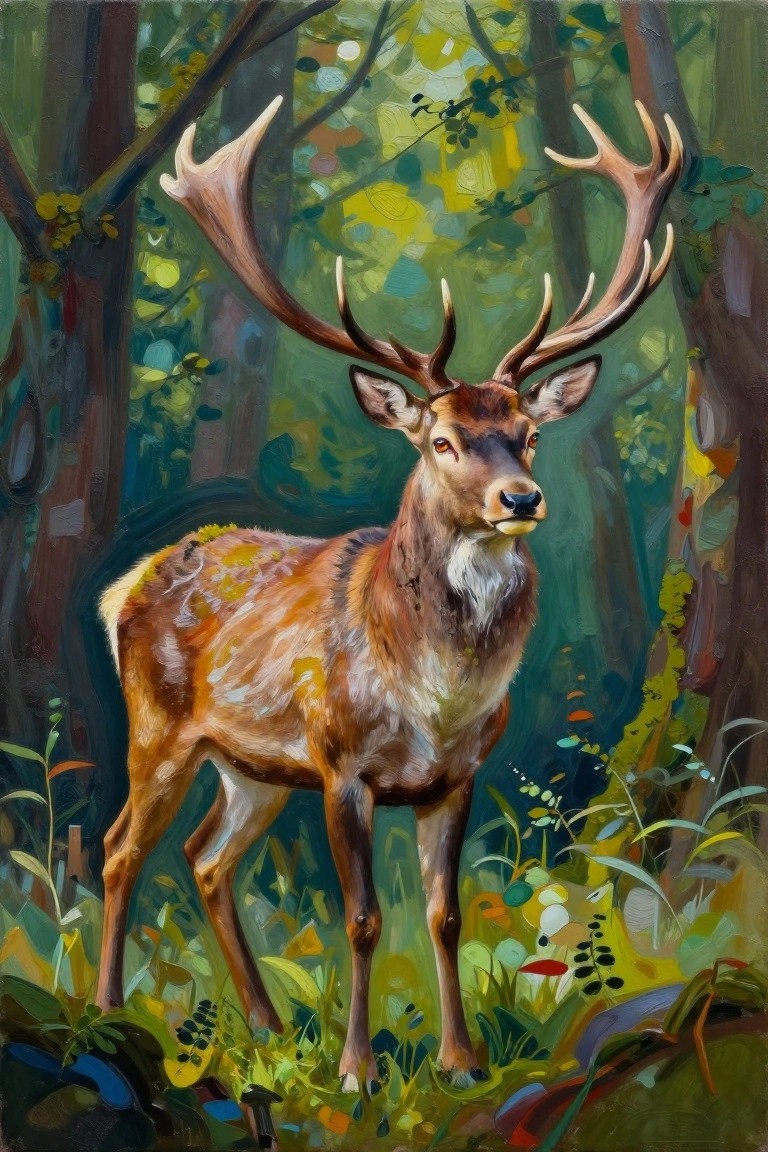 Stag with large antlers stands in a vibrant green-yellow forest painting.
