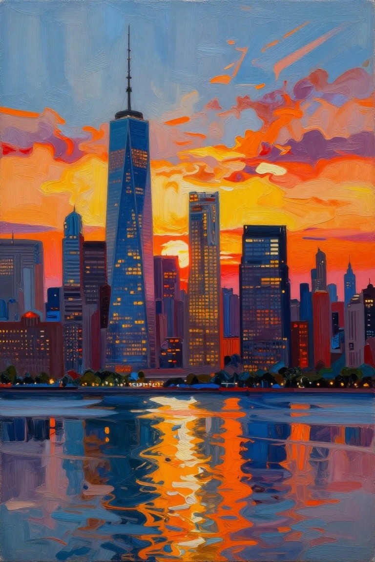 Painting of a city skyline at sunset with a tall central tower and buildings reflected in water.