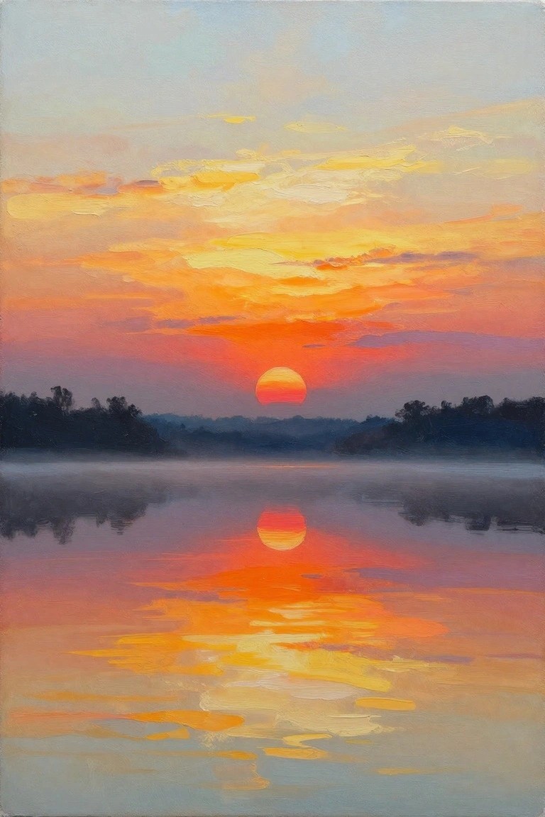 Vibrant orange sunset reflecting on misty water beneath colorful clouds and silhouetted trees