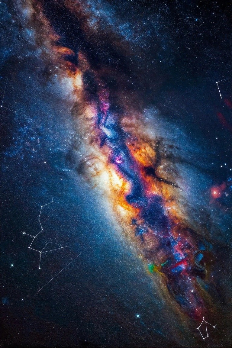 Vibrant multicolored nebula streaking across starry space with constellation lines