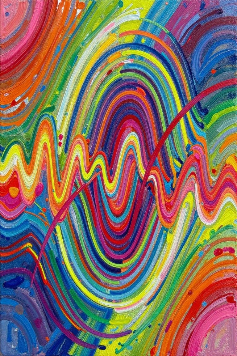 Vibrant abstract painting with swirling rainbow lines and thick brushstrokes