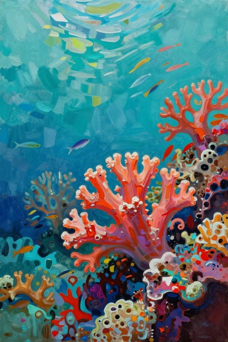 Vibrant painting of red coral reef with colorful fish in turquoise water