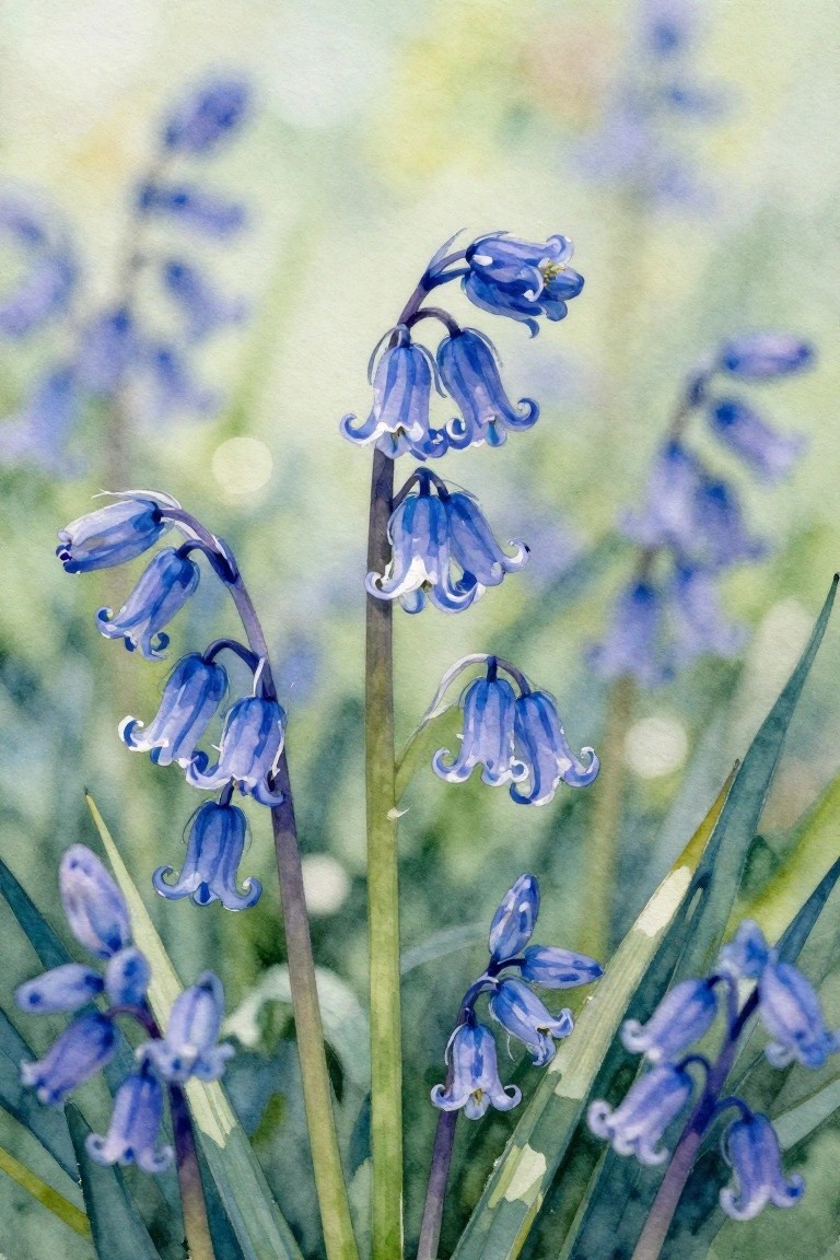 Watercolor painting of bluebell flowers with drooping blue petals on green stems