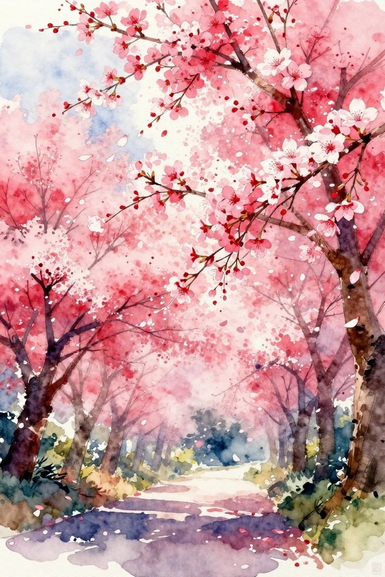 Watercolor path winding through blooming pink cherry blossom trees with falling petals.