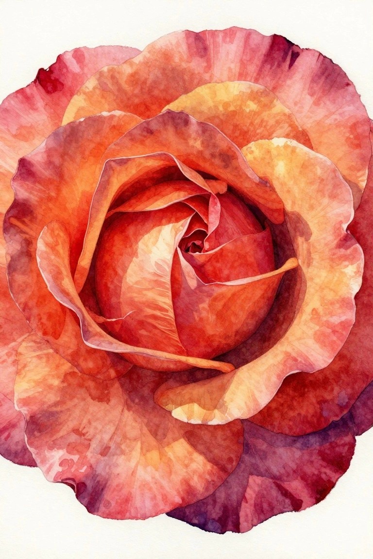 A watercolor painting of a vibrant orange and red rose viewed from above, showing tightly layered petals with soft color blending.