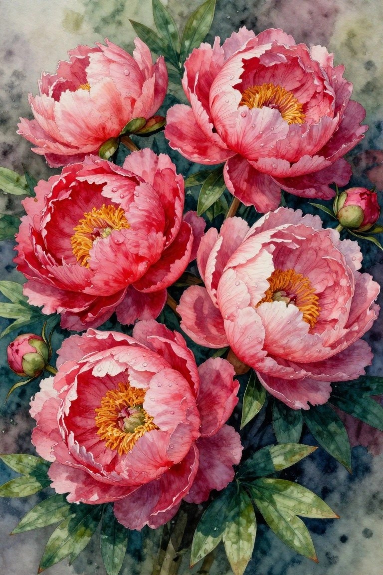 Vibrant pink peonies with yellow centers, water droplets, and green leaves in watercolor.