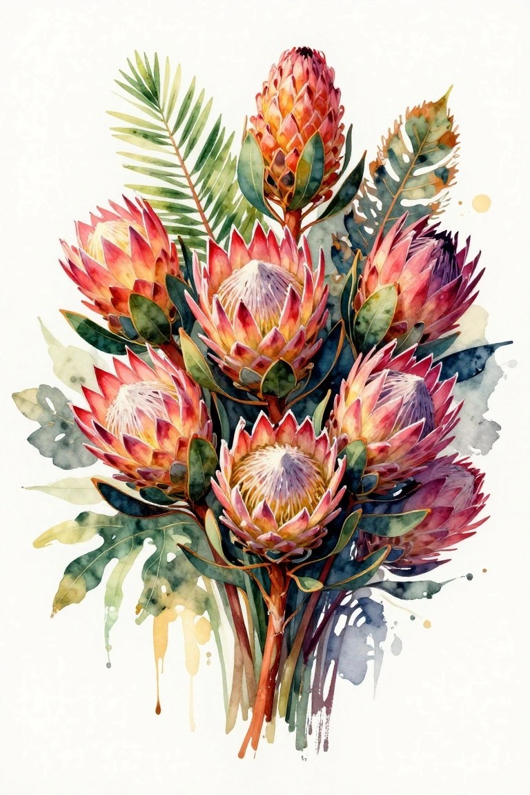 Vibrant watercolor bouquet of pink protea flowers with green tropical leaves