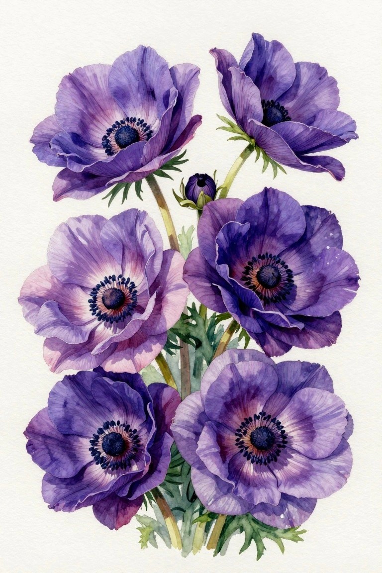 Watercolor painting of purple anemones with dark centers and green stems
