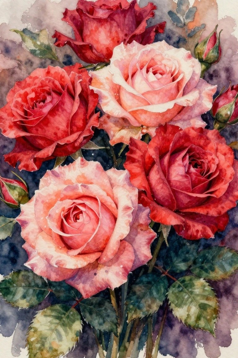 Watercolor painting of blooming red and pink roses with green leaves and buds.