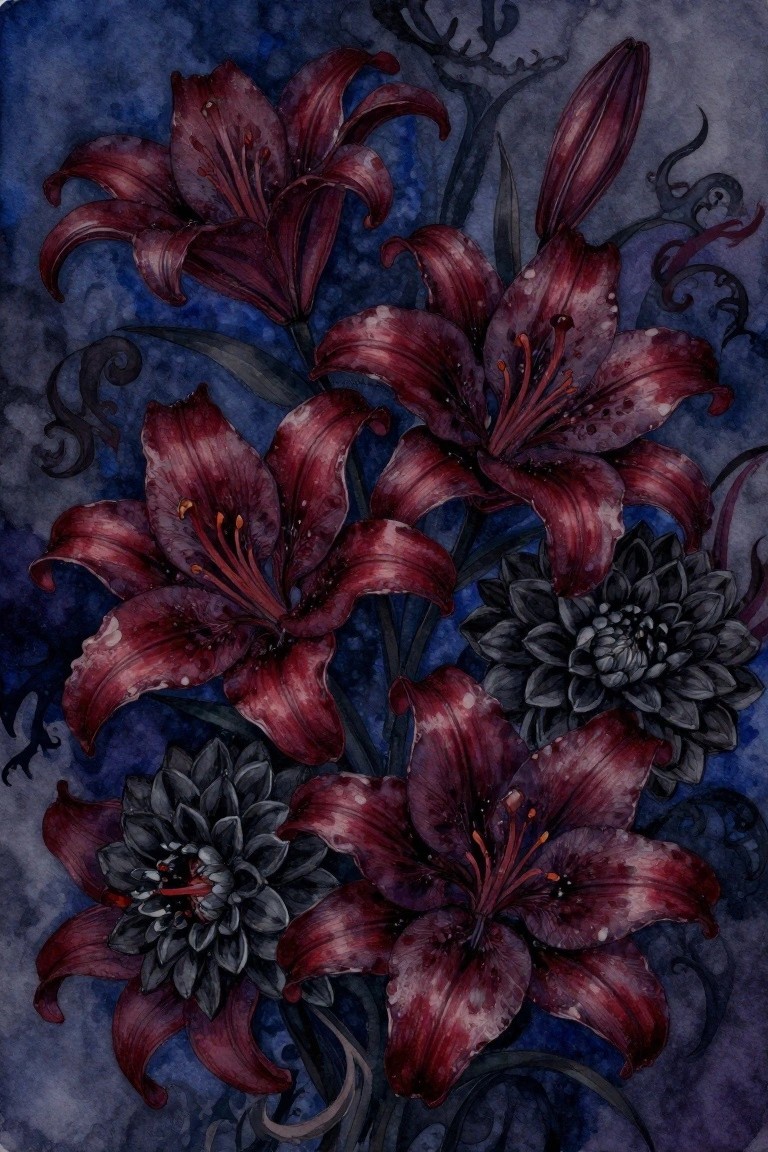 Dark red lilies and black dahlias in watercolor on blue background