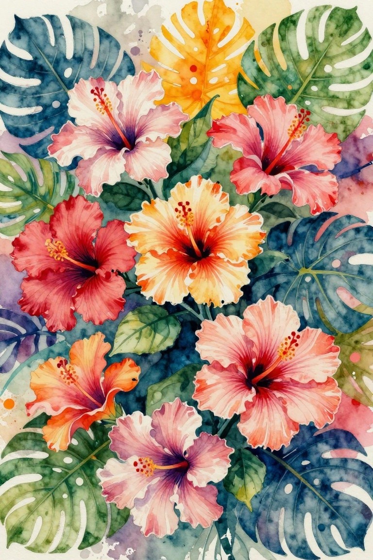 Vibrant watercolor hibiscus flowers in pink red orange with monstera leaves