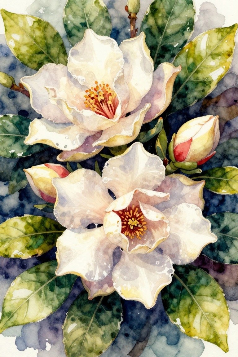 Watercolor painting of white flowers with yellow centers amid green leaves and buds