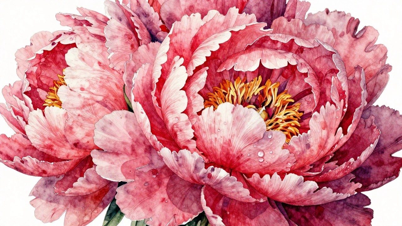 Vibrant pink peonies with yellow centers, water droplets, and green leaves in watercolor.