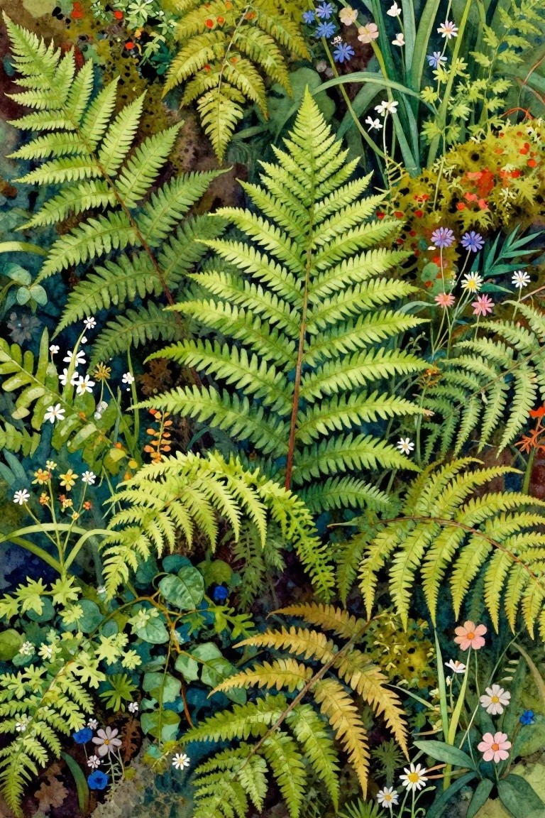 Lush green ferns amid colorful wildflowers in a dense watercolor forest scene
