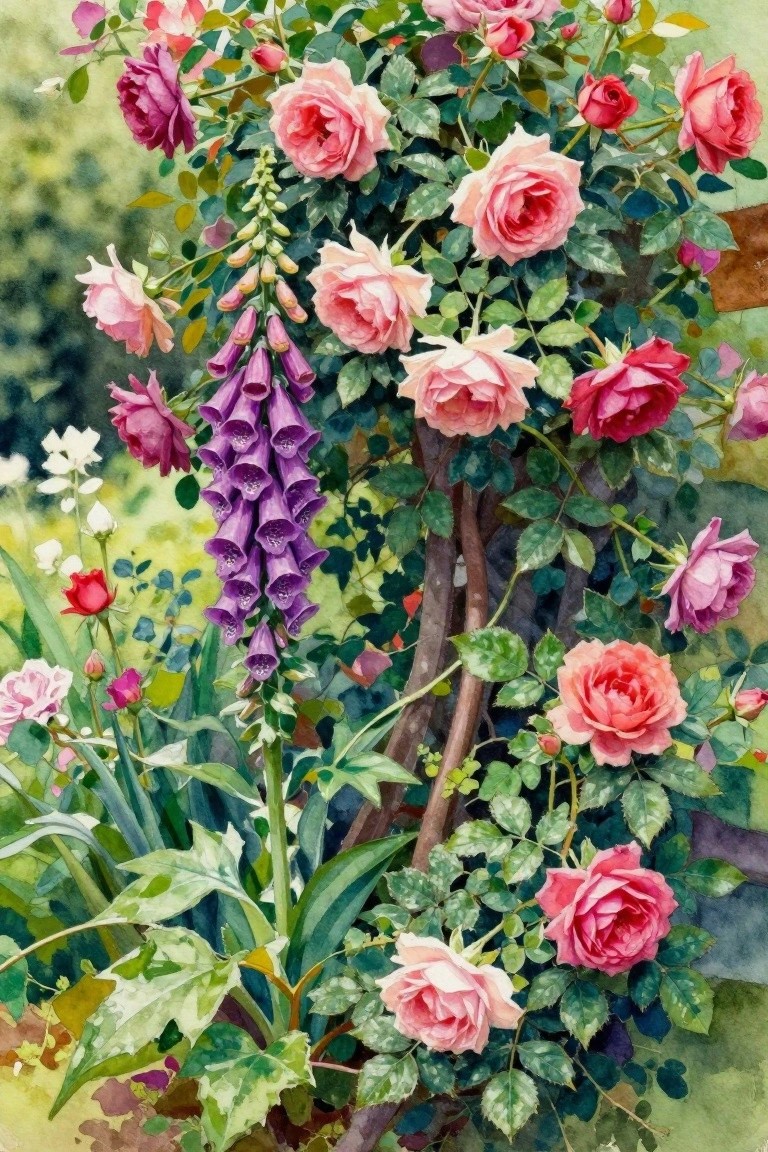 Watercolor garden with blooming pink roses and tall purple foxgloves amid lush foliage