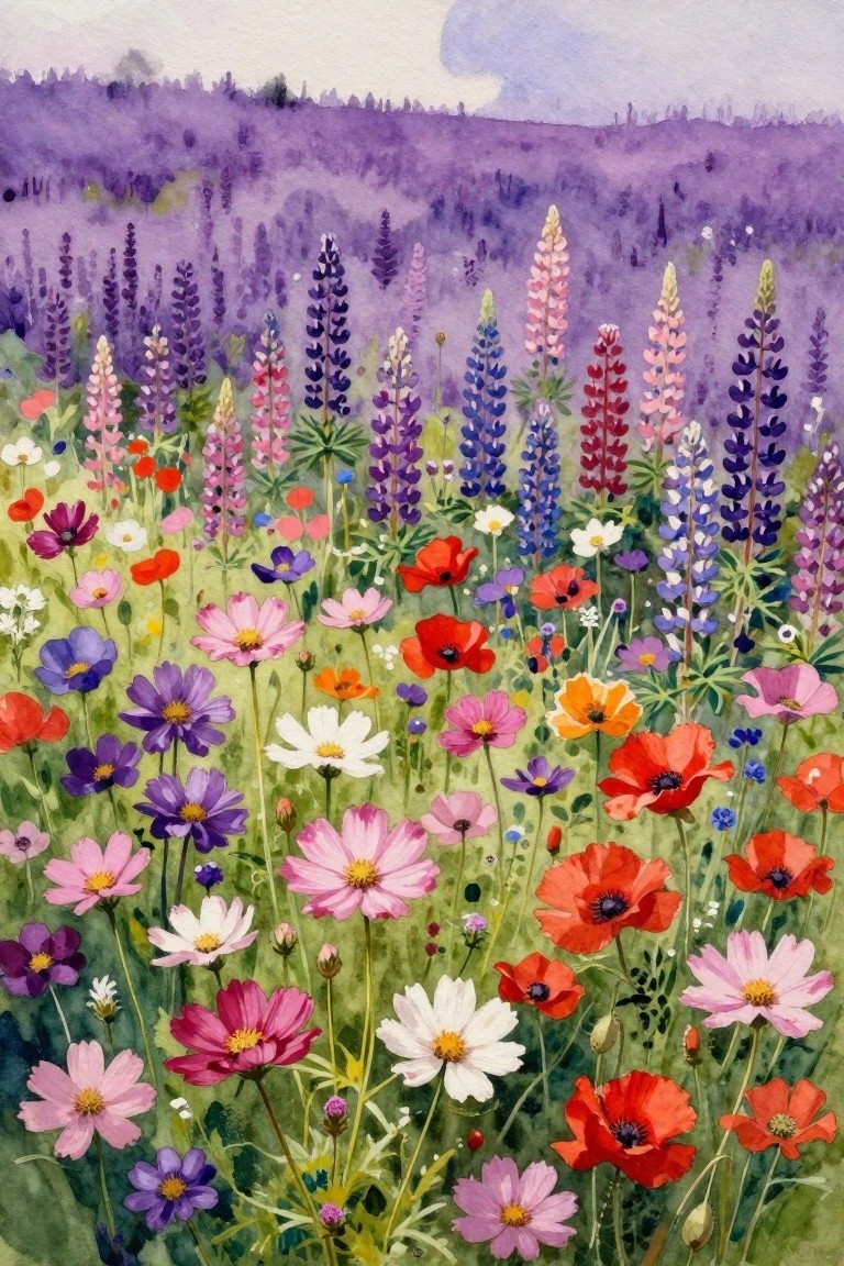 Watercolor meadow of red poppies, pink cosmos, and purple lupines with misty hills