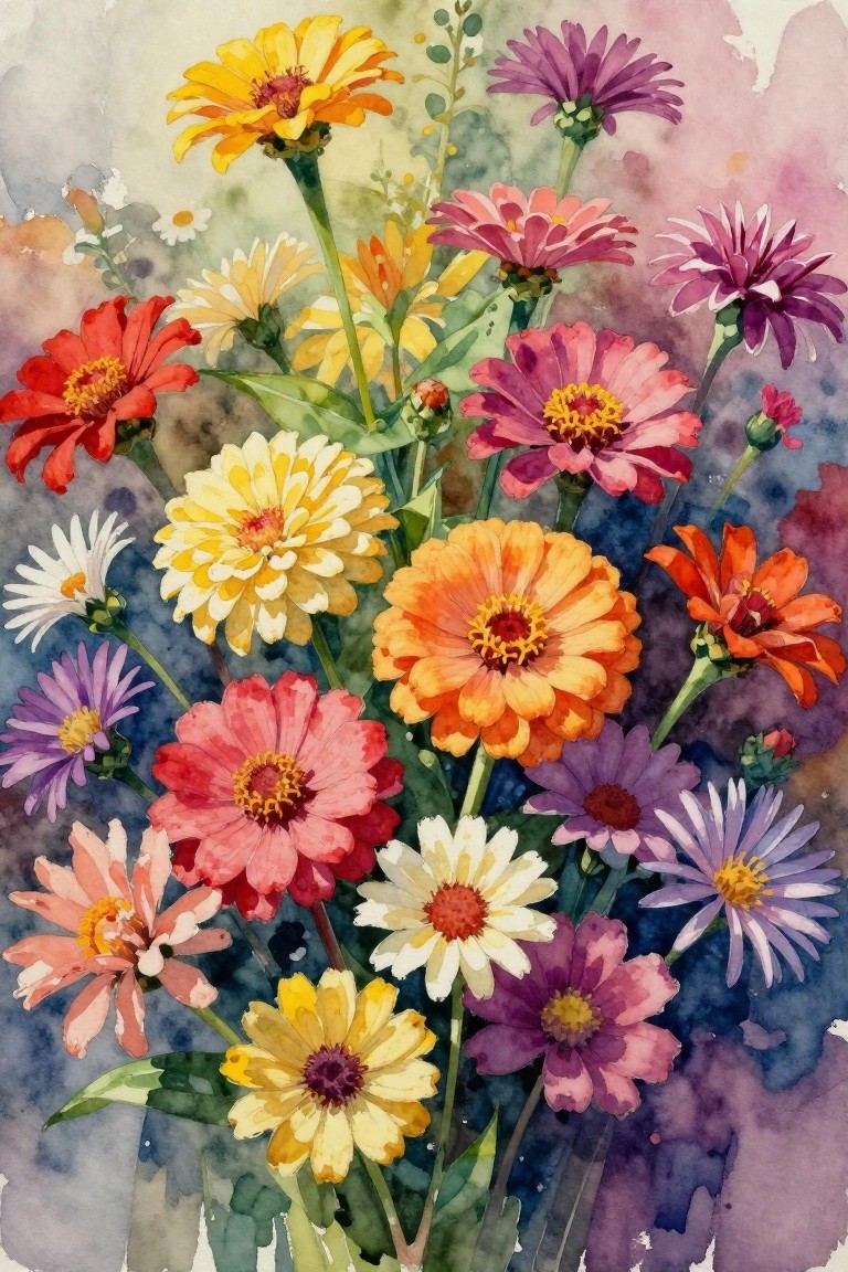 A dense bouquet of colorful zinnias in yellow, orange, pink, red, purple, and white painted against a soft watercolor background.