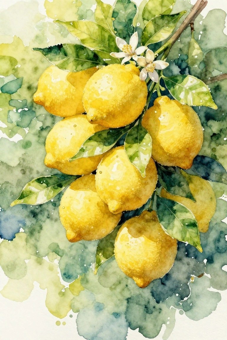 A watercolor painting of yellow lemons on a branch with green leaves and white flowers against a soft blue-green background.