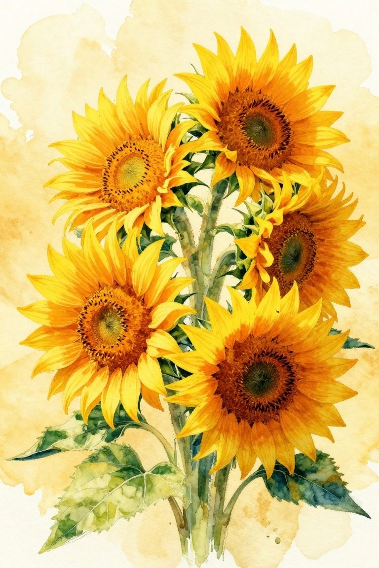 Vibrant yellow sunflowers with brown centers and green leaves in watercolor style