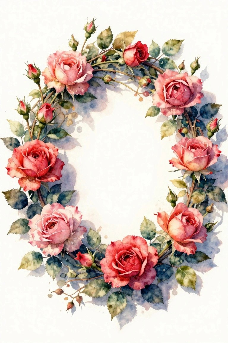 Watercolor wreath of blooming pink and red roses with green leaves.